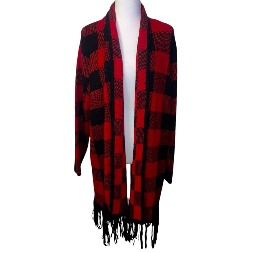 Red and Black Buffalo Plaid Fringe Open-Front Women’s Sweater
